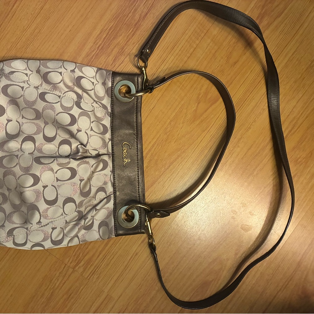 Coach Gray and Brown Signature Shoulder Bag